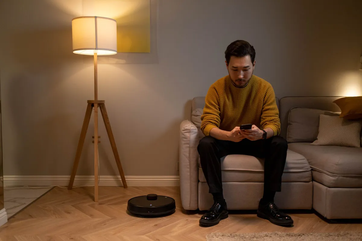 Pessoa usando o celular sentada no sofá de casa, cenário comum de uso do Wi-Fi doméstico depois de ajustar o roteador