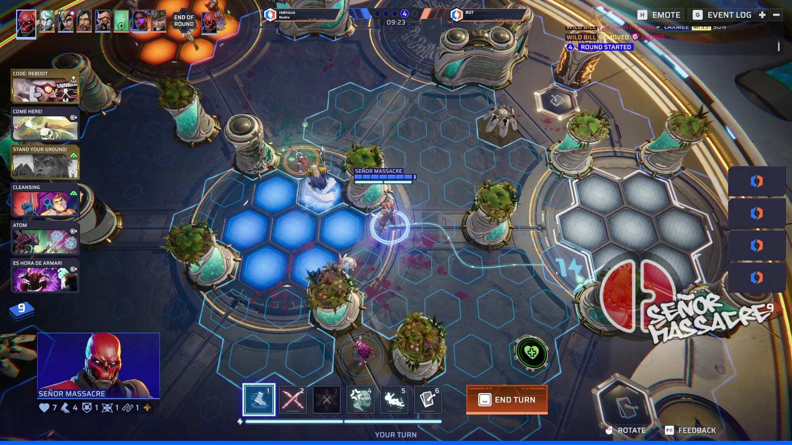 Tela de partida de Infinity: HexaDome Tactics mostrando a arena de hexágonos, os campeões e as zonas de pontuação