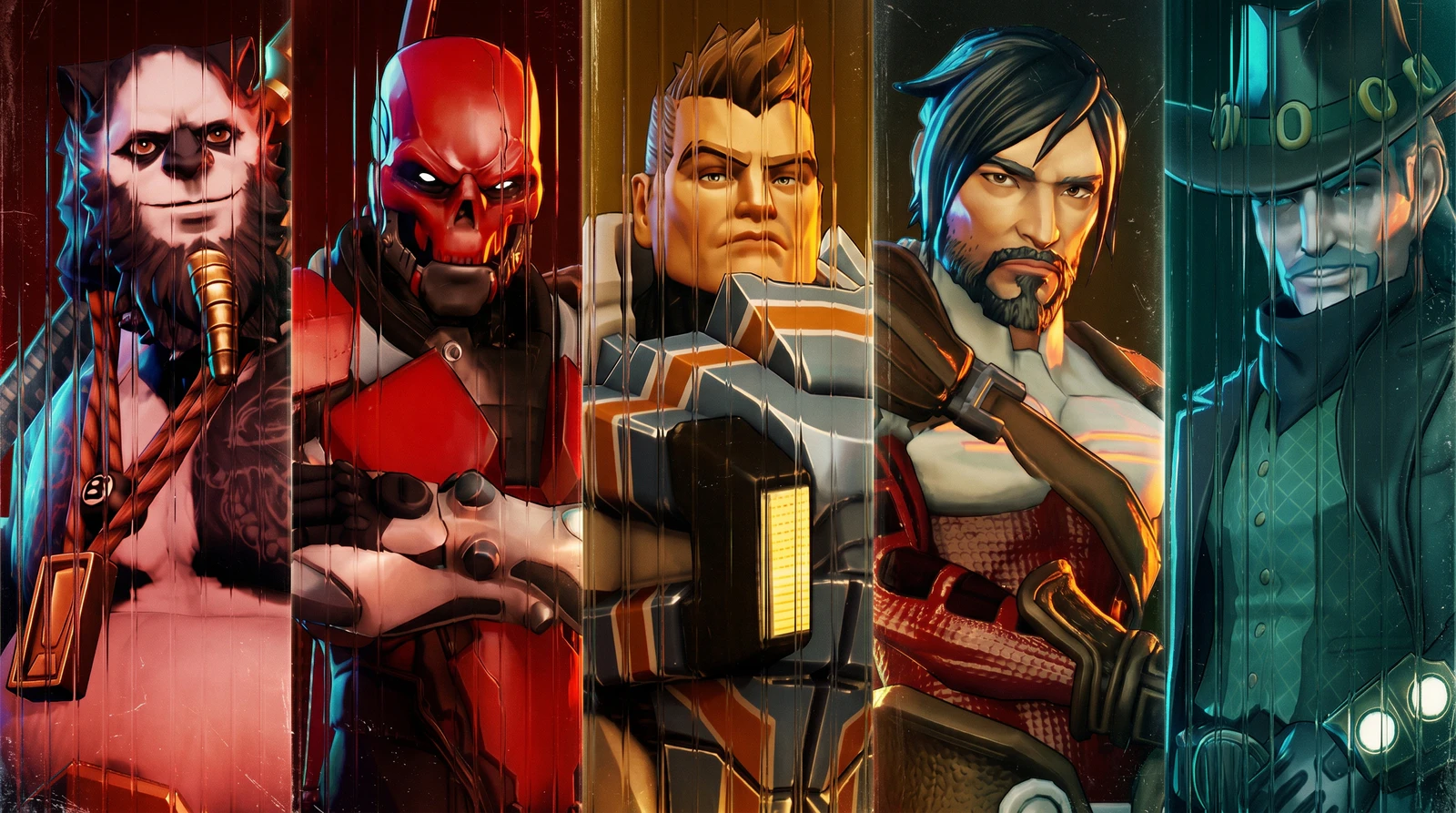 Arte oficial com cinco campeões de Infinity: HexaDome Tactics lado a lado