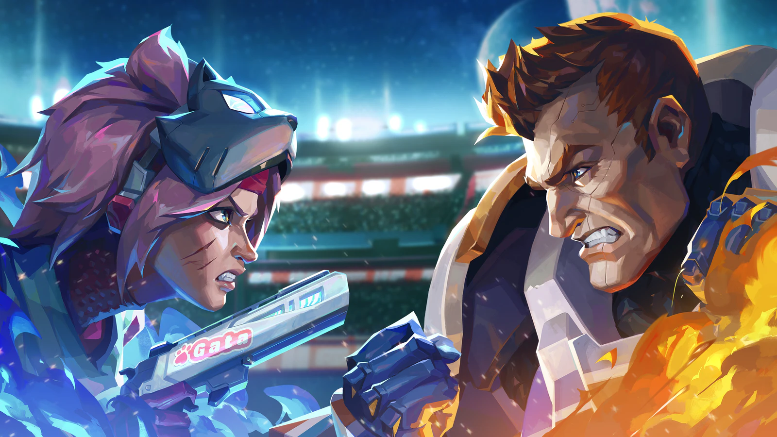 Arte oficial de dois campeões de Infinity: HexaDome Tactics frente a frente numa arena lotada